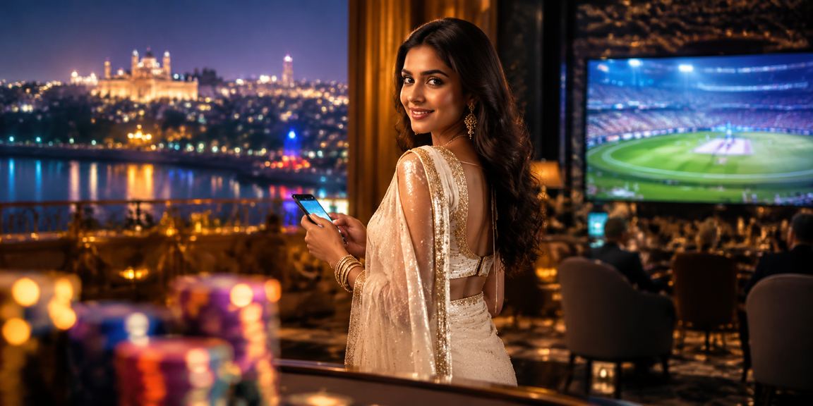 Woman in saree enjoying live casino on mobile