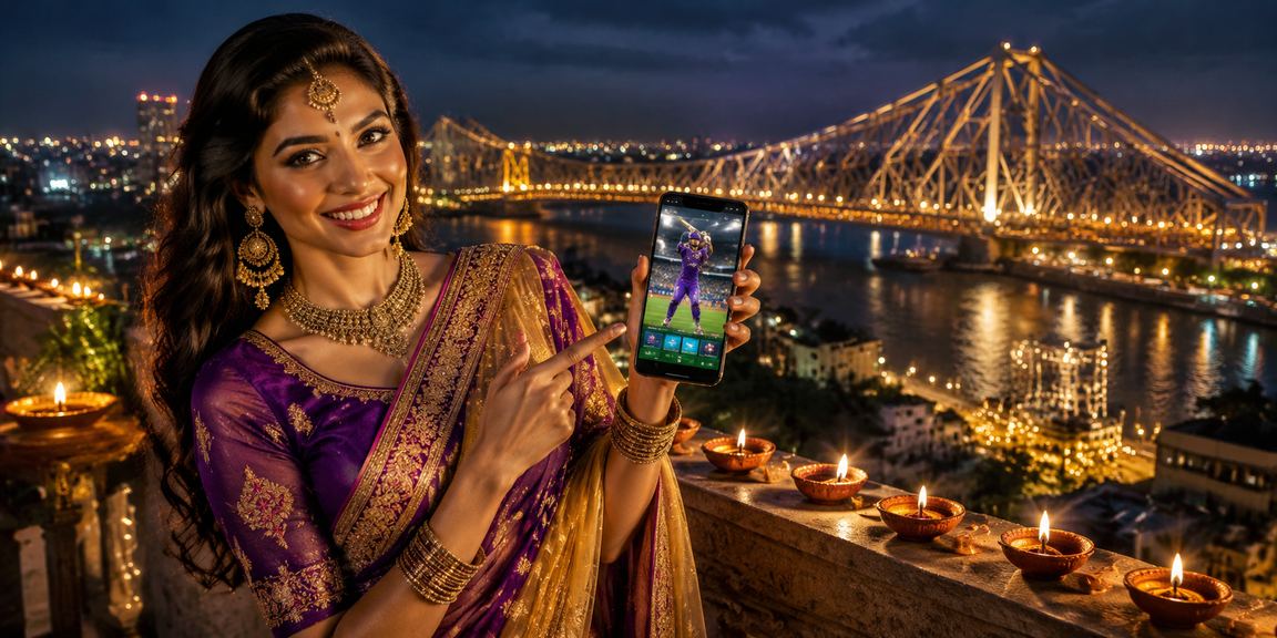 Young woman enjoying live casino with festive decorations in Kolkata