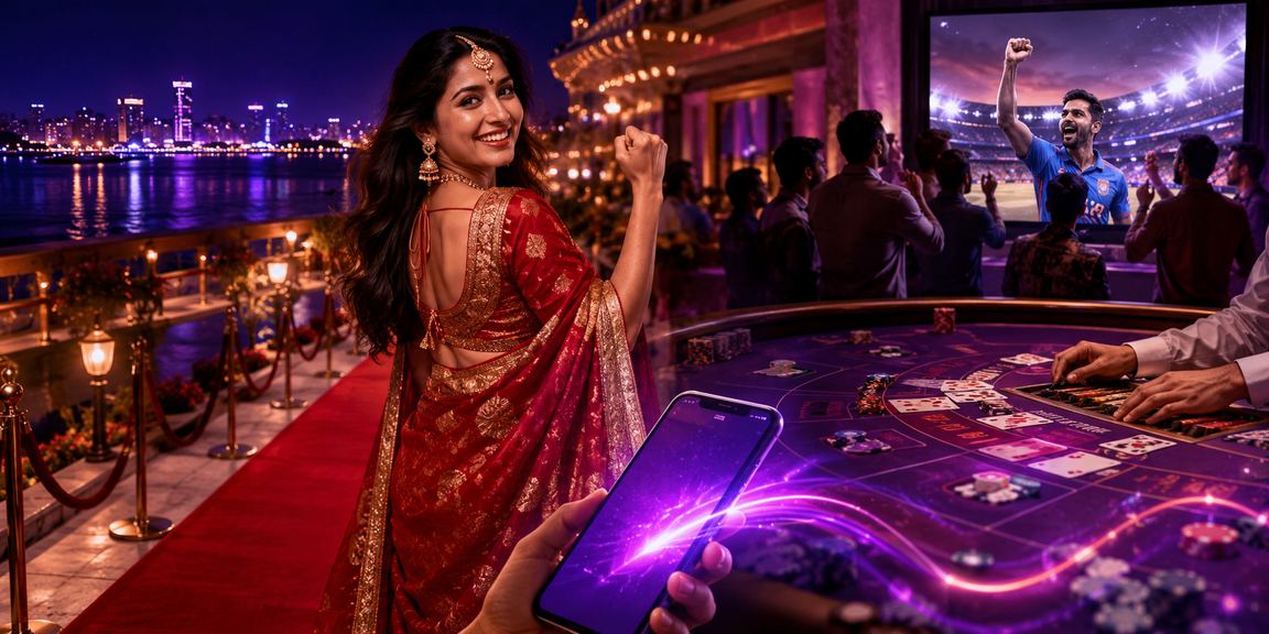 Elegant Indian woman enjoying casino experience on mobile in Pune